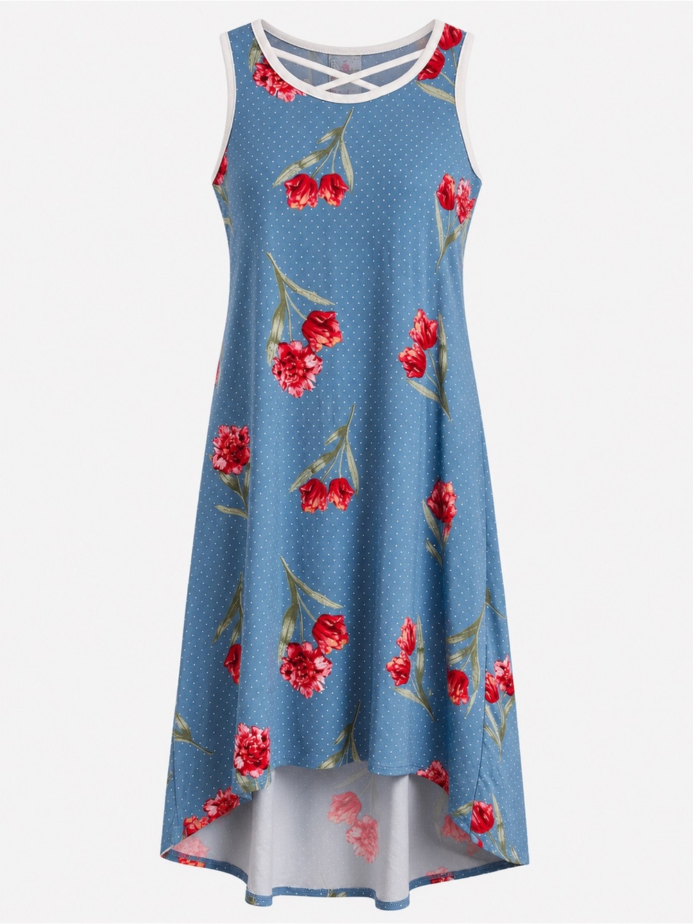 Jenna & Jesse Floral High Low Midi Dress Blue Red Womens Size 12